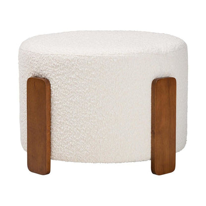 Japandi Cream Boucle Fabric and Walnut Brown Finished Wood Ottoman Footstool