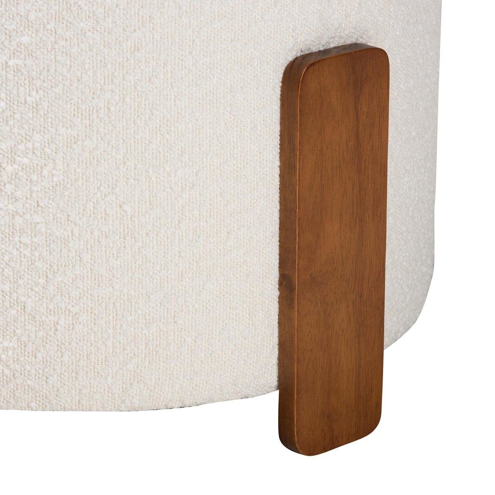 Japandi Cream Boucle Fabric and Walnut Brown Finished Wood Ottoman Footstool