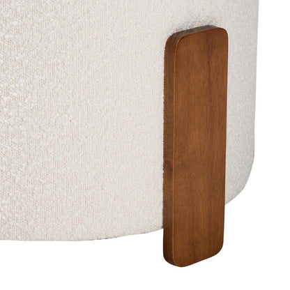 Japandi Cream Boucle Fabric and Walnut Brown Finished Wood Ottoman Footstool