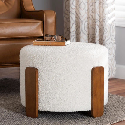 Japandi Cream Boucle Fabric and Walnut Brown Finished Wood Ottoman Footstool