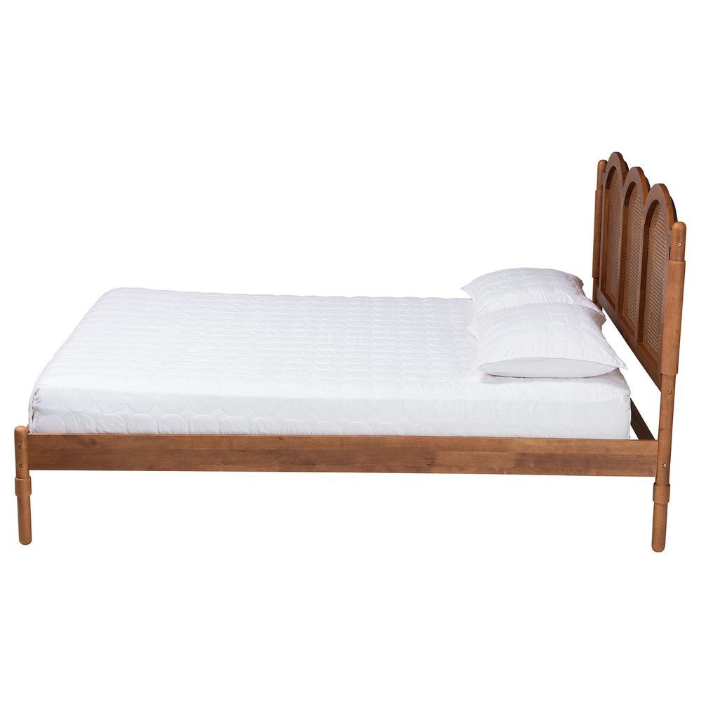 Modern Walnut Brown Finished Wood Queen Size Platform Bed with Woven Rattan