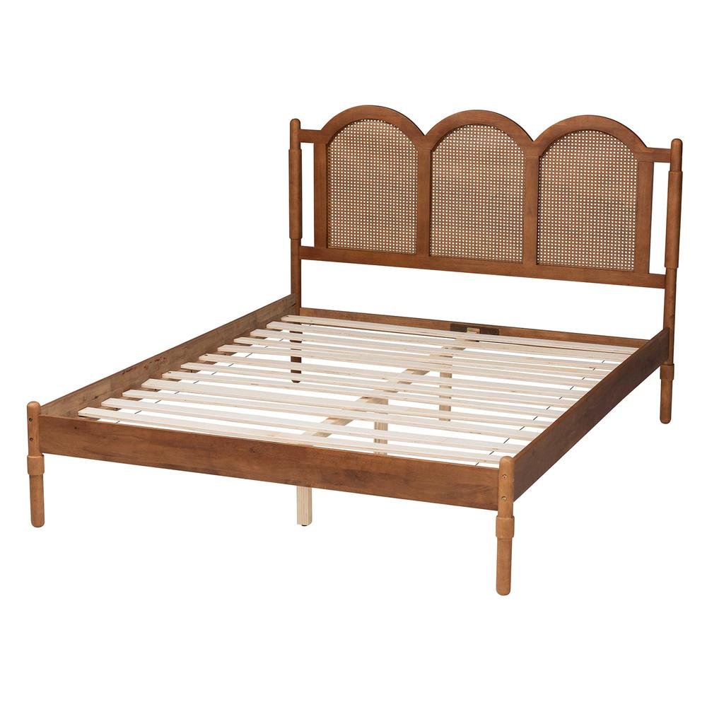 Modern Walnut Brown Finished Wood Queen Size Platform Bed with Woven Rattan
