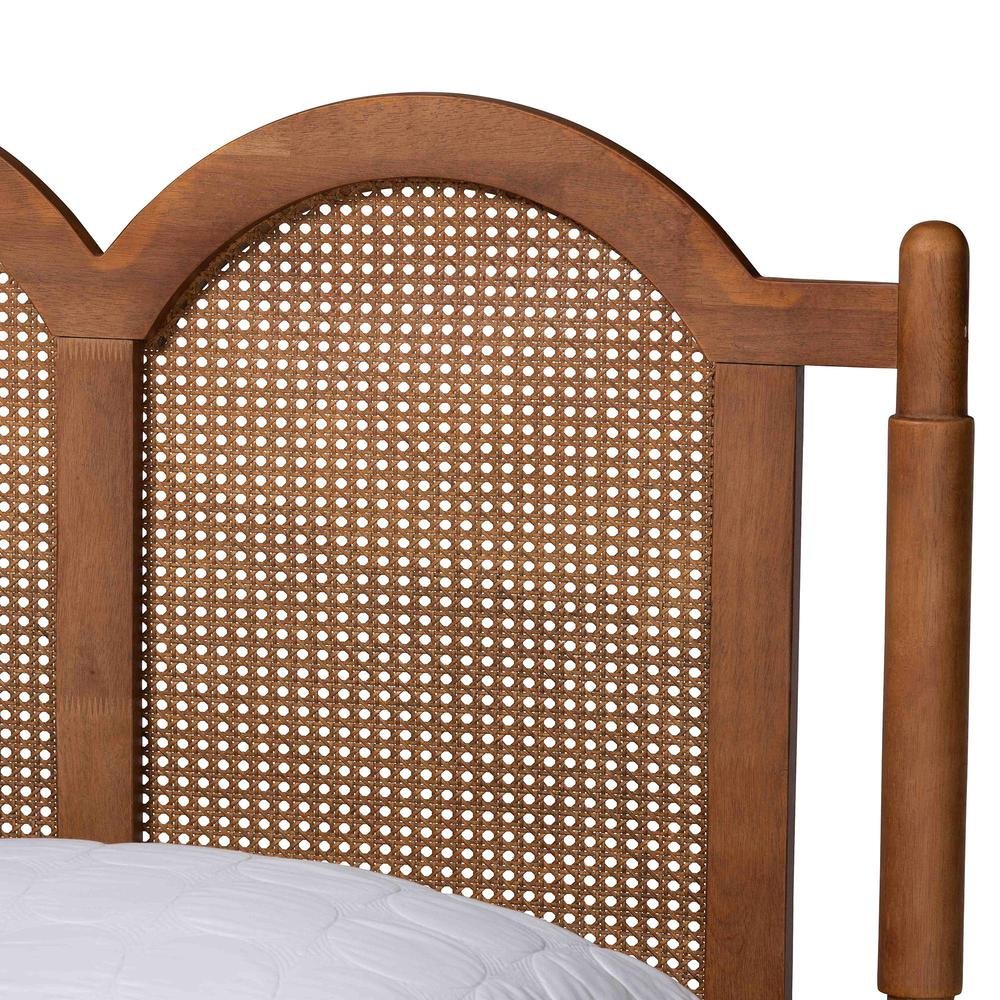 Modern Walnut Brown Finished Wood Queen Size Platform Bed with Woven Rattan