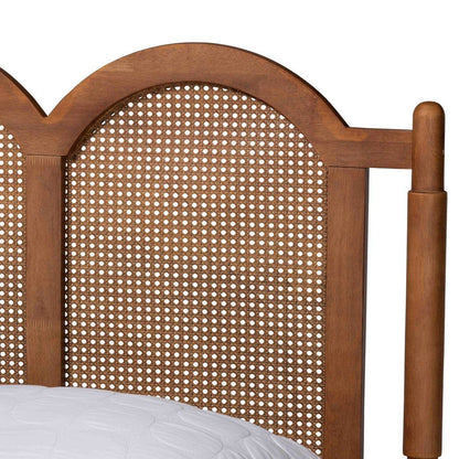 Modern Walnut Brown Finished Wood Queen Size Platform Bed with Woven Rattan