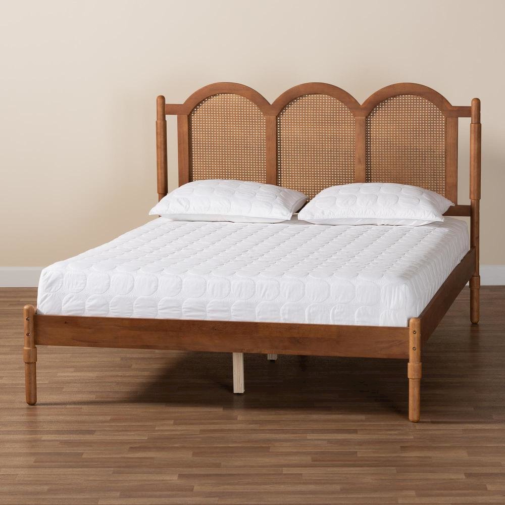 Modern Walnut Brown Finished Wood Queen Size Platform Bed with Woven Rattan