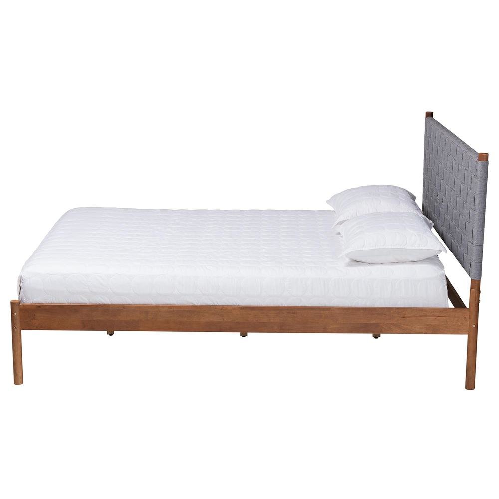 Modern Grey Woven Fabric and Walnut Brown Wood Queen Size Platform Bed