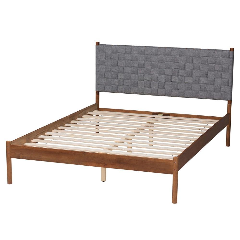 Modern Grey Woven Fabric and Walnut Brown Wood Queen Size Platform Bed