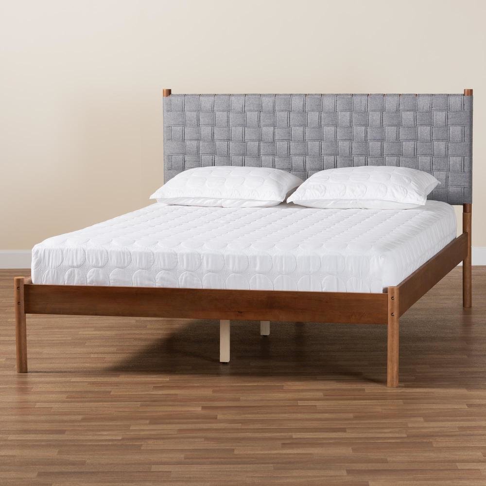 Modern Grey Woven Fabric and Walnut Brown Wood Queen Size Platform Bed