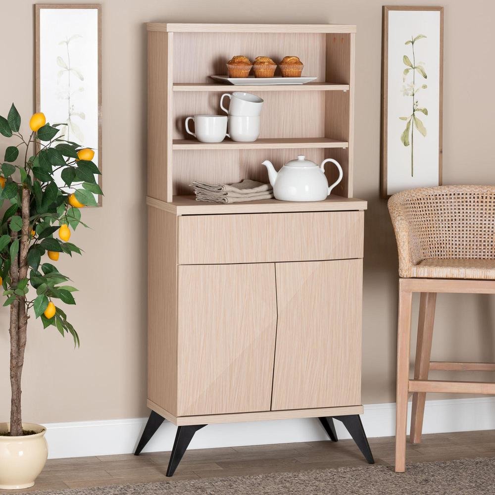 Draper Mid-Century Modern Two-Tone Light Brown and Black Wood Kitchen Cabinet
