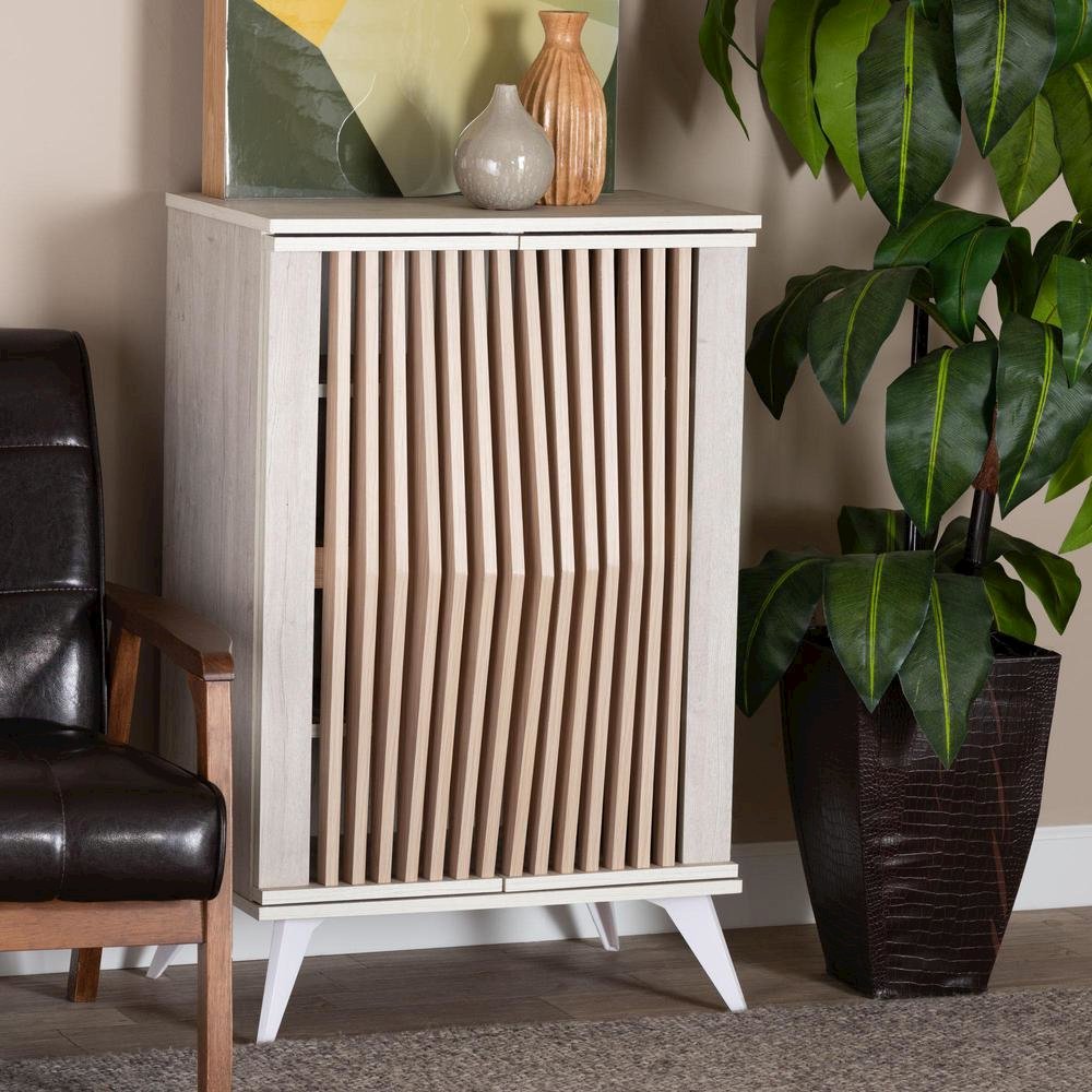 Modern Transitional Light Grey and Brown Wood 2-Door Storage Cabinet
