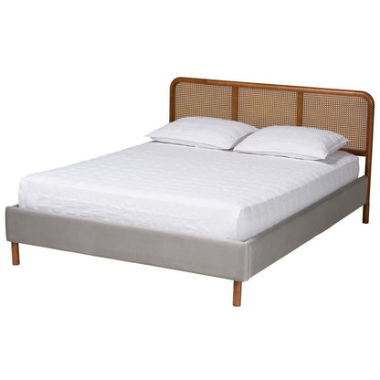 Light Grey Velvet Fabric and Walnut Brown Finished Wood Queen Size Platform Bed