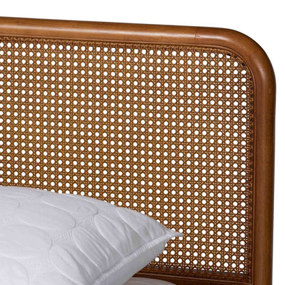 Light Grey Velvet Fabric and Walnut Brown Finished Wood Queen Size Platform Bed