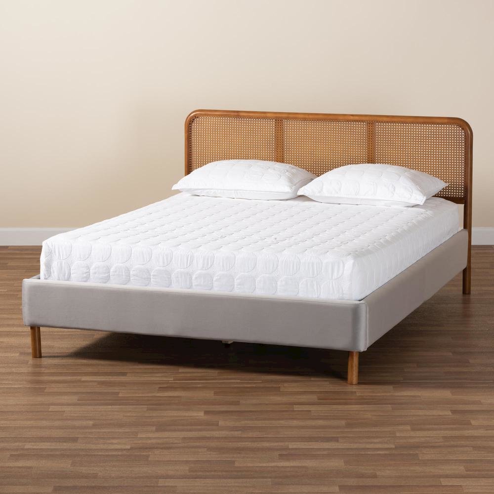Light Grey Velvet Fabric and Walnut Brown Finished Wood Queen Size Platform Bed