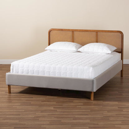 Light Grey Velvet Fabric and Walnut Brown Finished Wood Queen Size Platform Bed