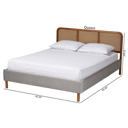 Light Grey Velvet Fabric and Walnut Brown Finished Wood Queen Size Platform Bed