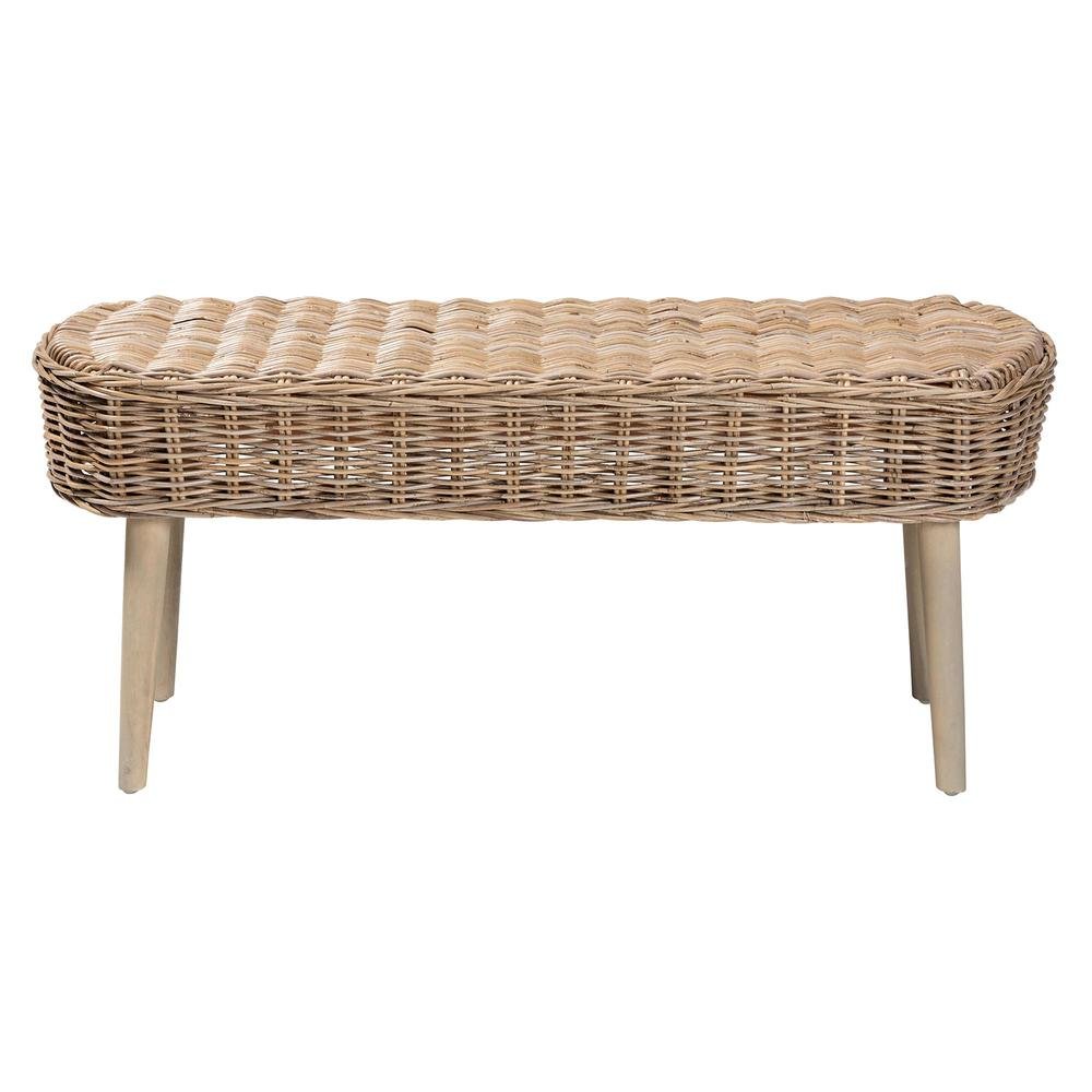 Raisa Modern Bohemian Natural Kubu Rattan and Grey Acacia Wood Accent Bench