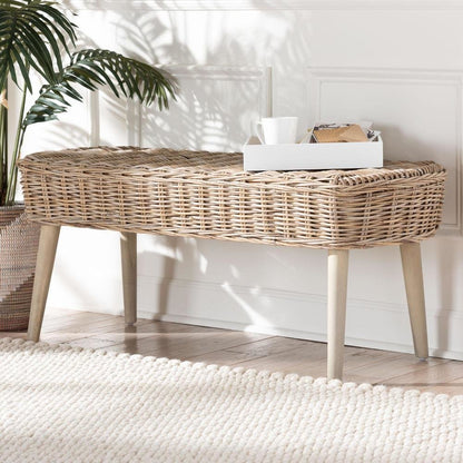 Raisa Modern Bohemian Natural Kubu Rattan and Grey Acacia Wood Accent Bench