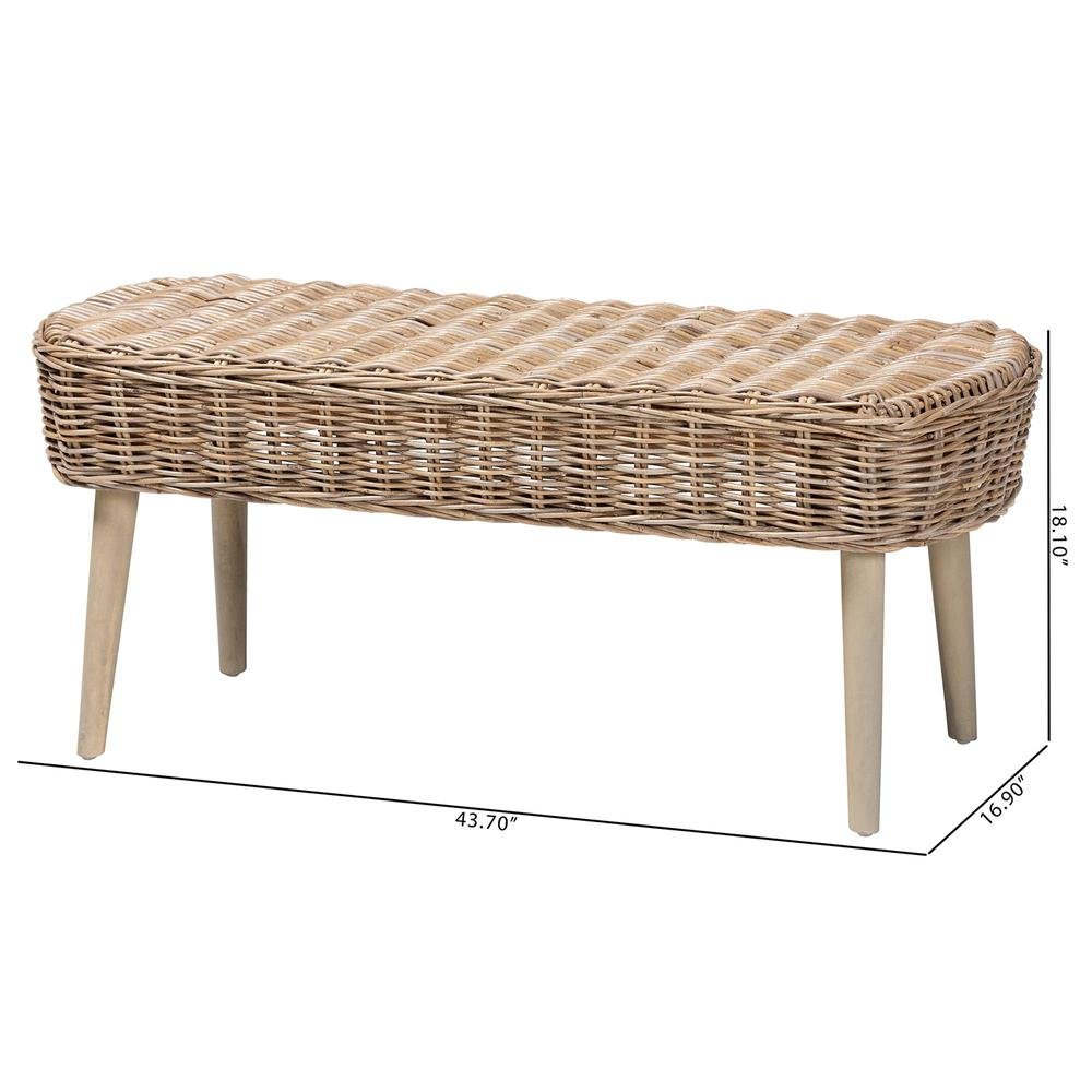 Raisa Modern Bohemian Natural Kubu Rattan and Grey Acacia Wood Accent Bench