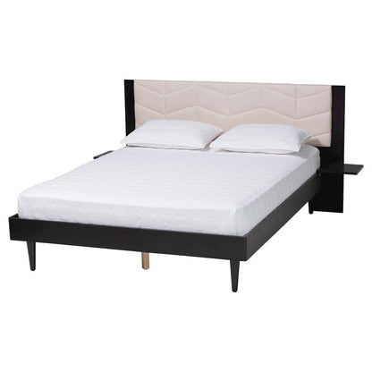 Beige Fabric and Black Wood Queen Size Bed with Built-In Side Tables