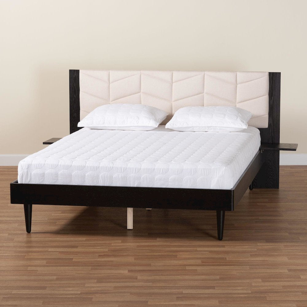 Beige Fabric and Black Wood Queen Size Bed with Built-In Side Tables