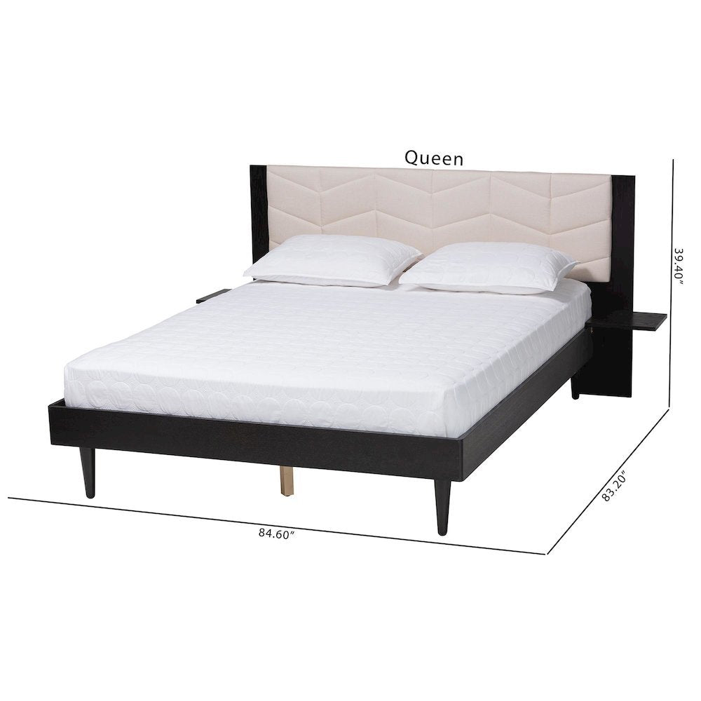 Beige Fabric and Black Wood Queen Size Bed with Built-In Side Tables