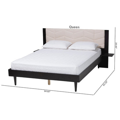 Beige Fabric and Black Wood Queen Size Bed with Built-In Side Tables
