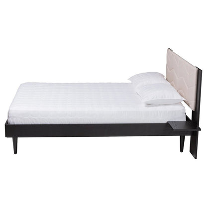 Beige Fabric and Black Wood Queen Size Bed with Built-In Side Tables