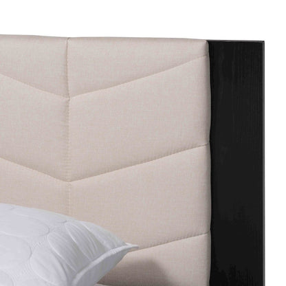 Beige Fabric and Black Wood Queen Size Bed with Built-In Side Tables