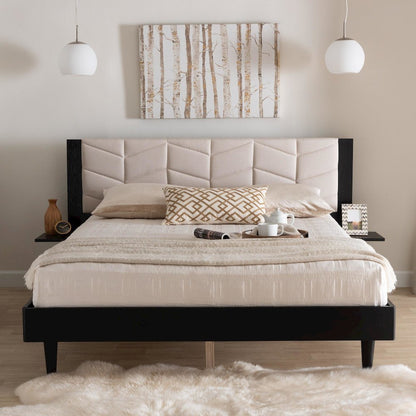 Beige Fabric and Black Wood Queen Size Bed with Built-In Side Tables