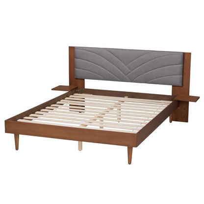 Walnut Brown Wood Queen Size Platform Bed With Floating Side Table