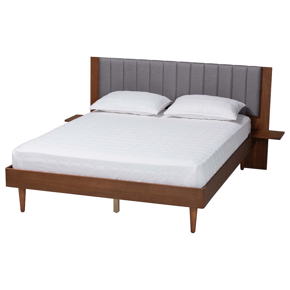 Grey Fabric and Walnut Brown Wood Queen Size Bed with Built-In Side Tables
