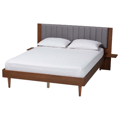Grey Fabric and Walnut Brown Wood Queen Size Bed with Built-In Side Tables