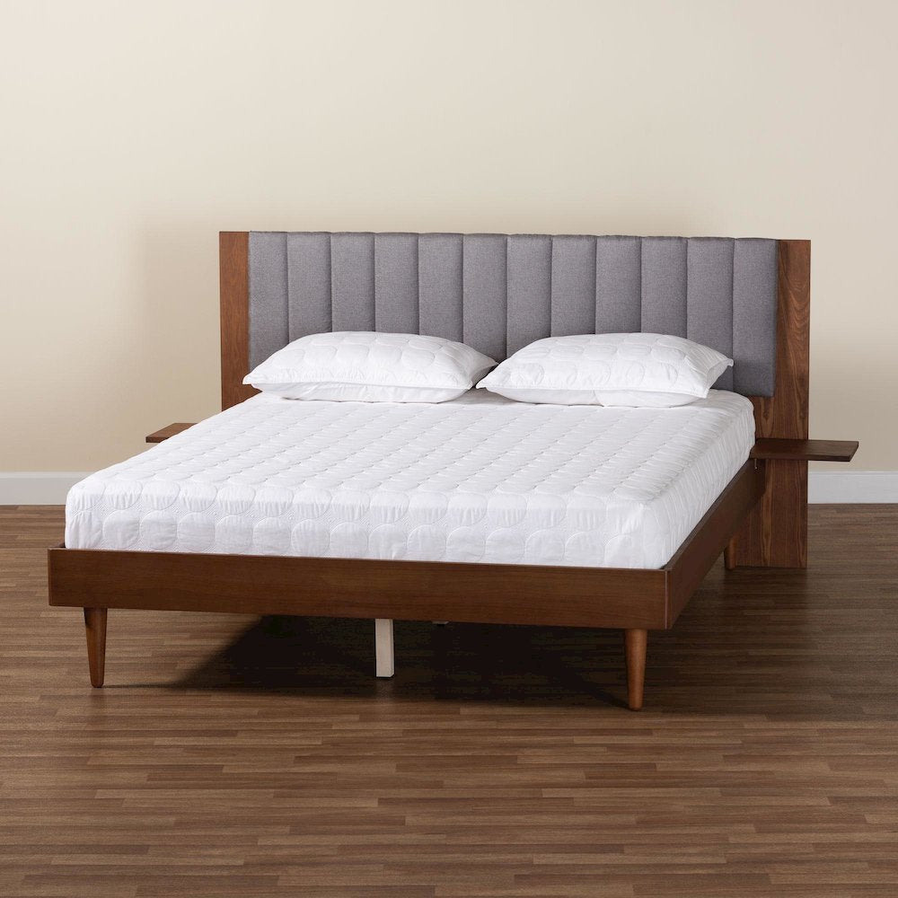 Grey Fabric and Walnut Brown Wood Queen Size Bed with Built-In Side Tables
