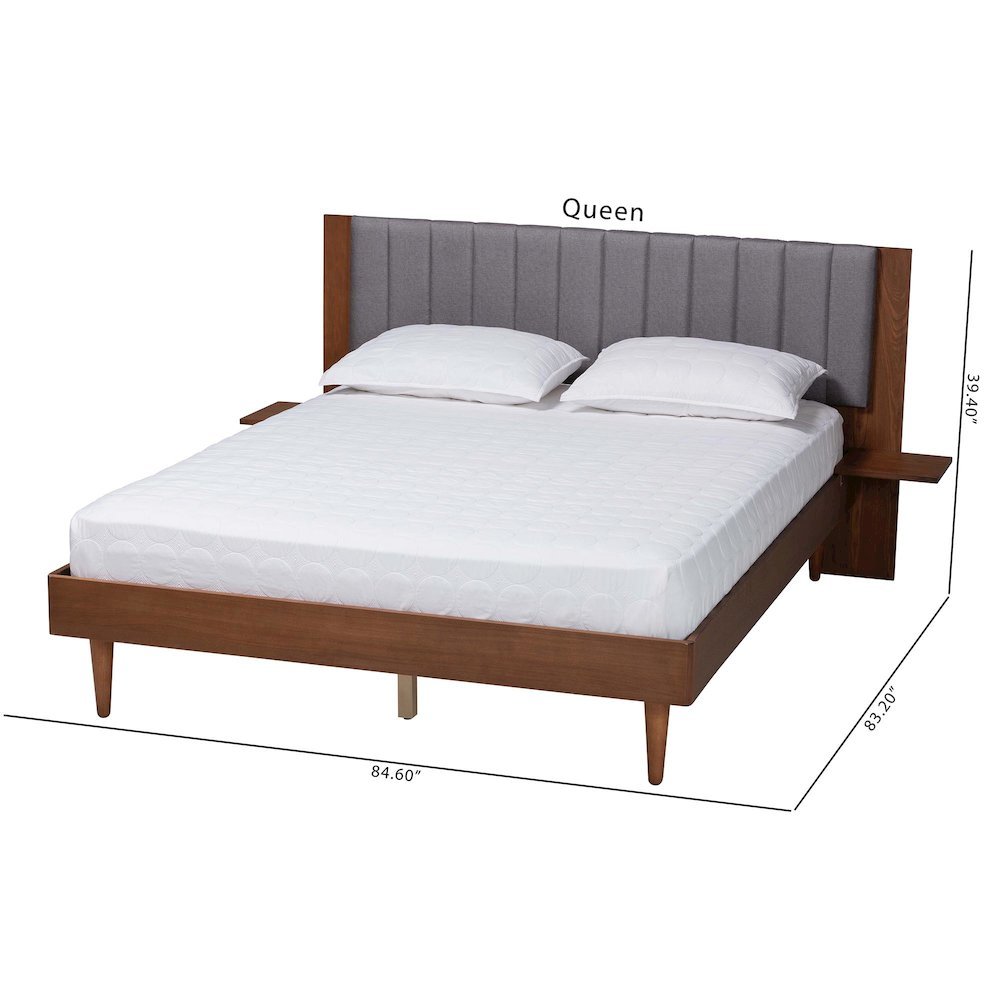 Grey Fabric and Walnut Brown Wood Queen Size Bed with Built-In Side Tables