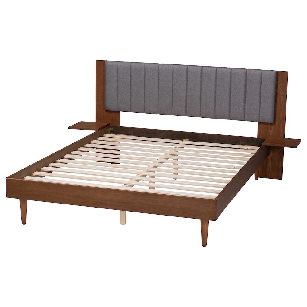 Grey Fabric and Walnut Brown Wood Queen Size Bed with Built-In Side Tables