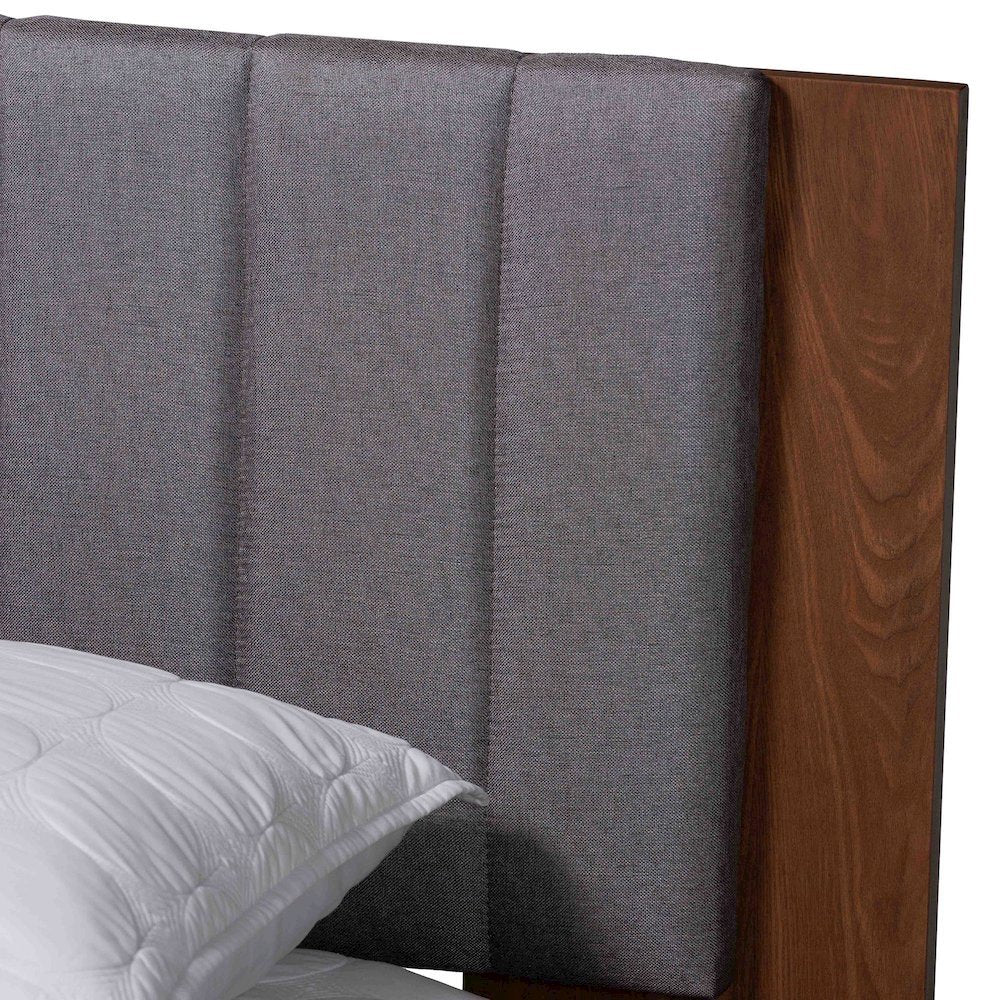 Grey Fabric and Walnut Brown Wood Queen Size Bed with Built-In Side Tables