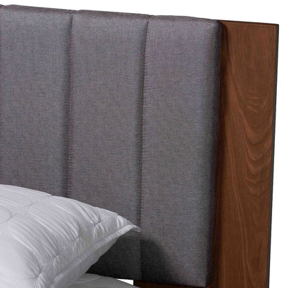 Grey Fabric and Walnut Brown Wood Queen Size Bed with Built-In Side Tables