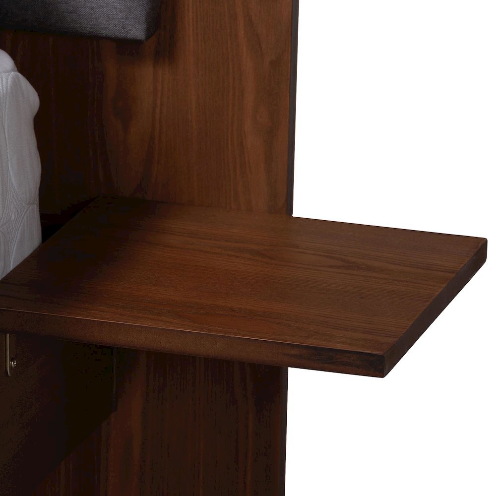 Grey Fabric and Walnut Brown Wood Queen Size Bed with Built-In Side Tables