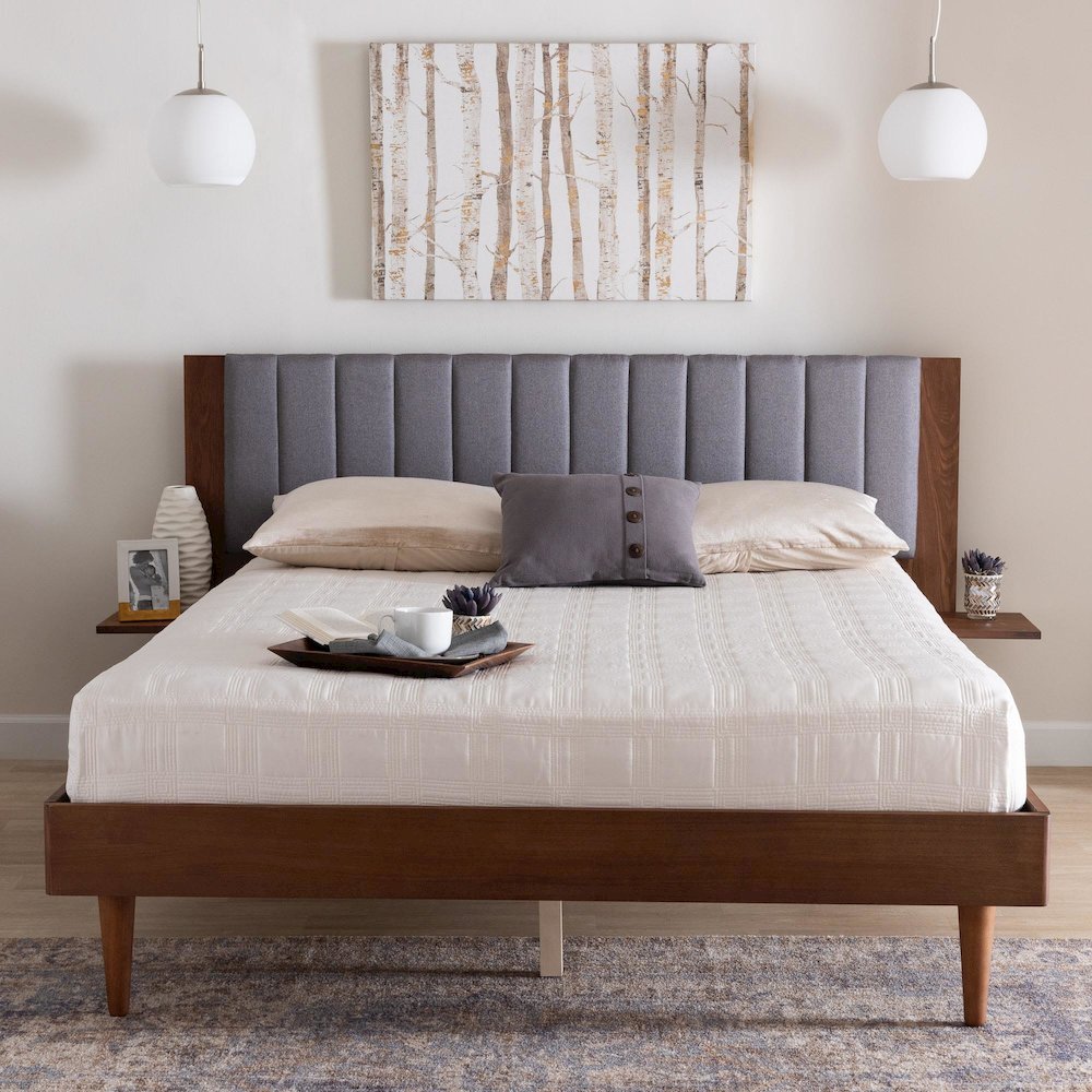 Grey Fabric and Walnut Brown Wood Queen Size Bed with Built-In Side Tables