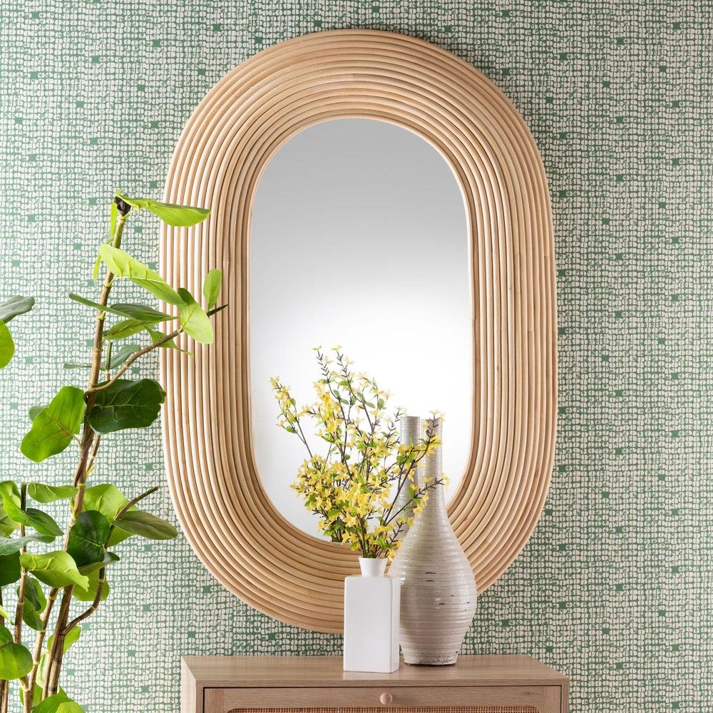Drucilla Modern Bohemian Natural Brown Rattan Oval Accent Wall Mirror