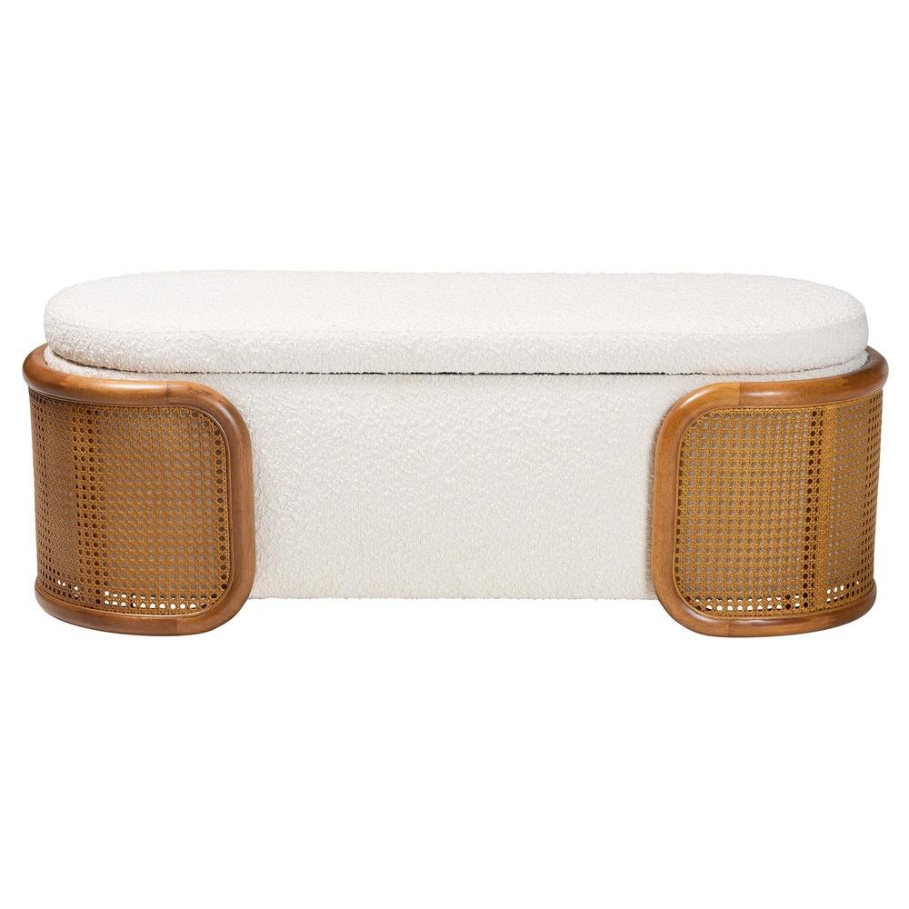 Baxton Studio Basira Japandi Cream Boucle Fabric Storage Bench with Woven Rattan