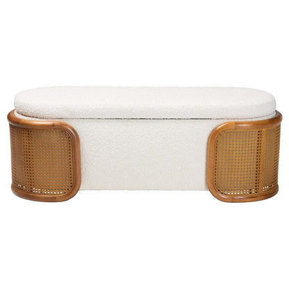 Baxton Studio Basira Japandi Cream Boucle Fabric Storage Bench with Woven Rattan