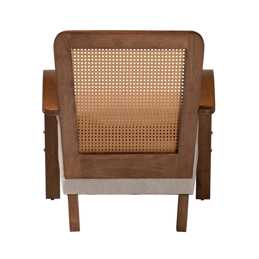 Modern Japandi Light Grey Fabric and Walnut Brown Finished Wood Arm Chair