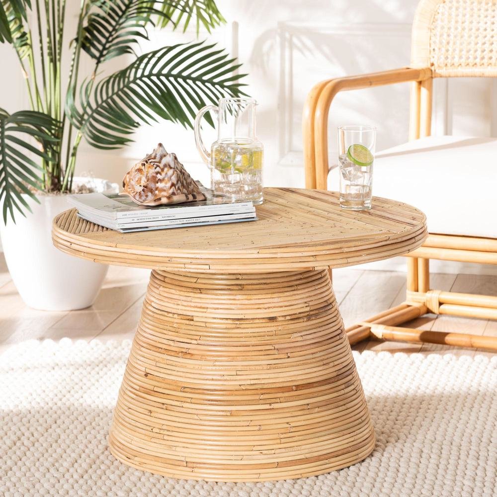 Bella Modern Bohemian Natural Rattan and Mahogany Wood Coffee Table