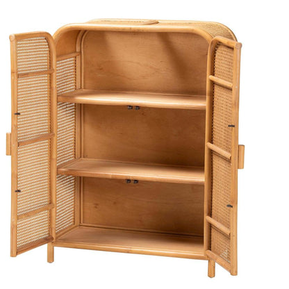 Curacao Modern Bohemian Light Honey Rattan 2-Door Storage Cabinet