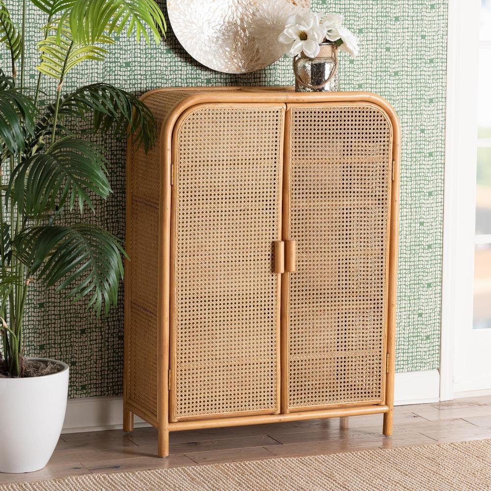 Curacao Modern Bohemian Light Honey Rattan 2-Door Storage Cabinet