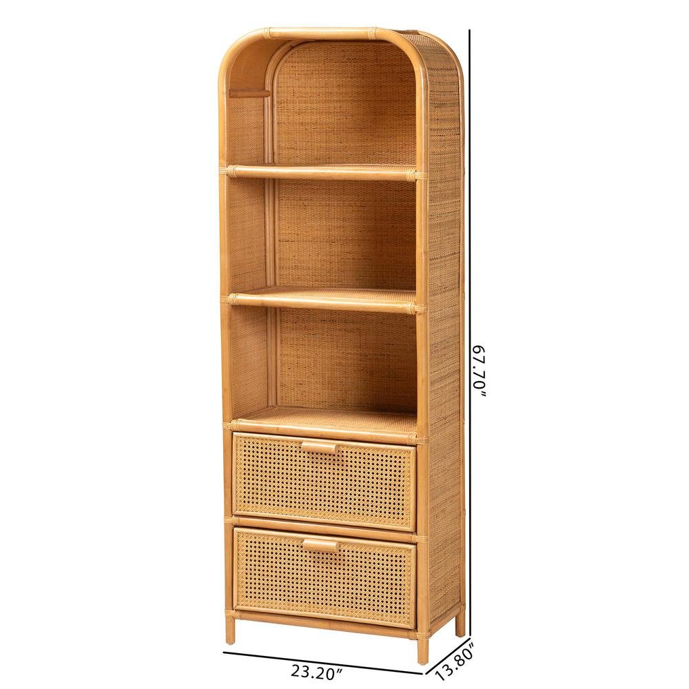 Curacao Modern Bohemian Light Honey Rattan 2-Drawer Bookcase