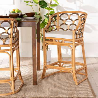 Veneto Modern Bohemian Light Honey and Dark Brown Rattan Bar Stool