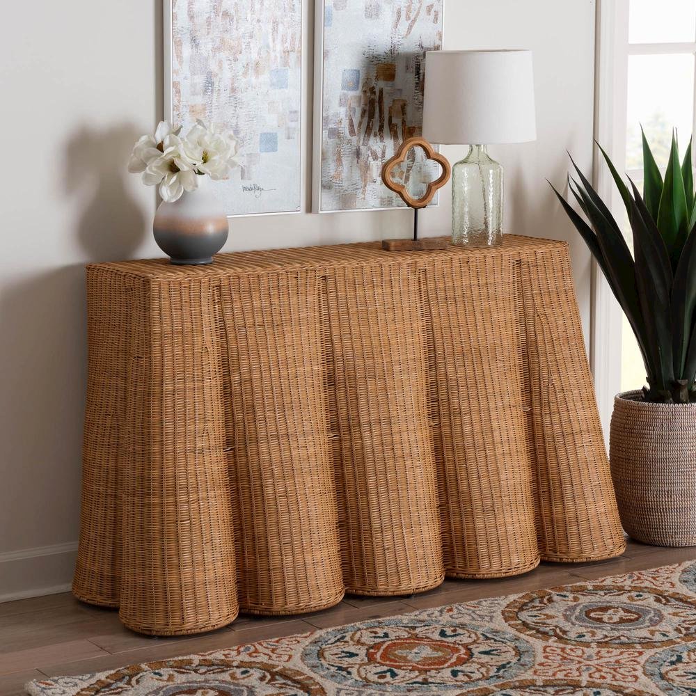 Palm Bohemian Honey Scallop Rattan Console Table