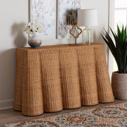 Palm Bohemian Honey Scallop Rattan Console Table